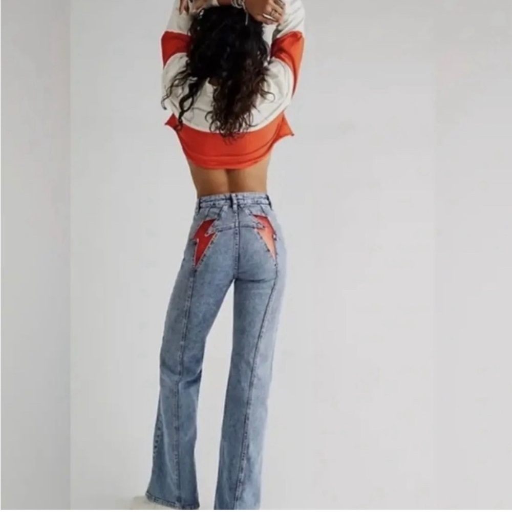 Free People Firecracker Flare Red Leather Patch Jeans